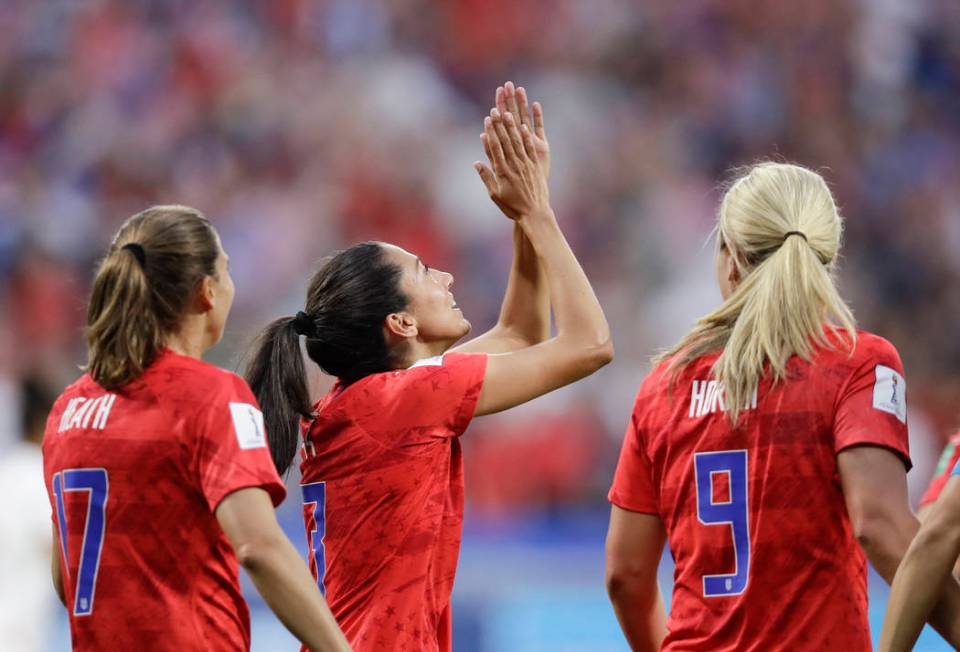 United States' Christen Press celebrates after scoring her side's first goal during the Women's ...