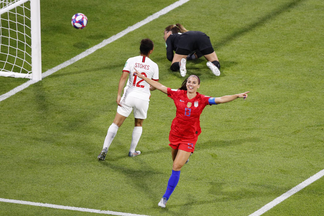 United States' Alex Morgan, right, celebrates her side's second goal during the Women's World C ...