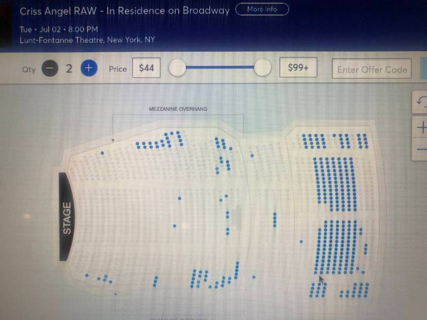 A screen grab of Criss Angel's ticket sales for his opening-night performance at Lunt-Fontanne ...