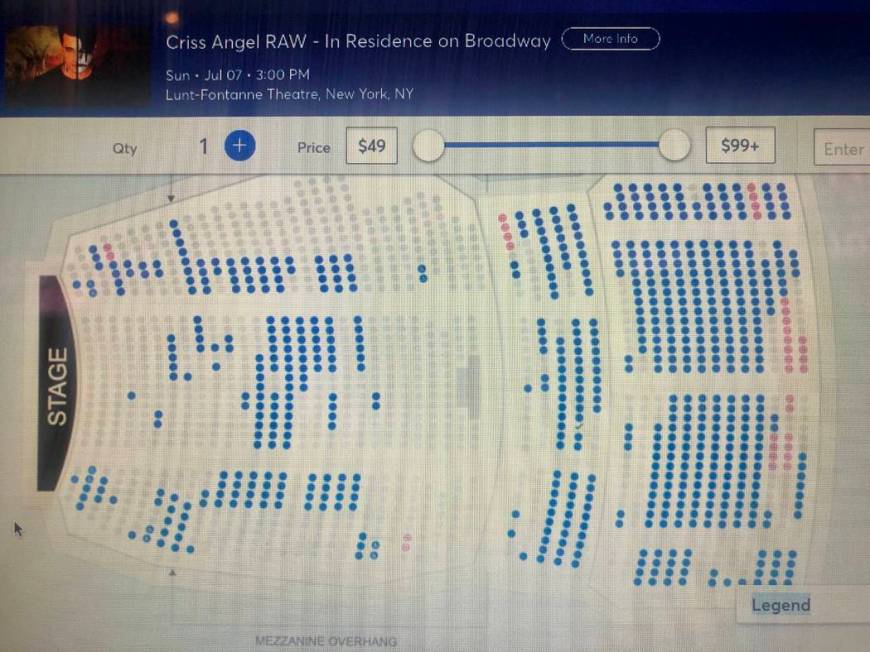 A screen grab of Criss Angel's ticket sales for his closing performance at Lunt-Fontanne Theatr ...