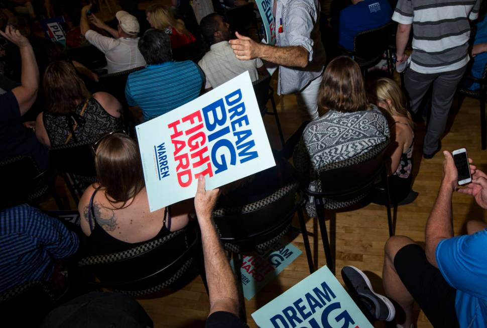 Signs are passe out in support of Democratic presidential candidate Sen. Elizabeth Warren, D-Ma ...