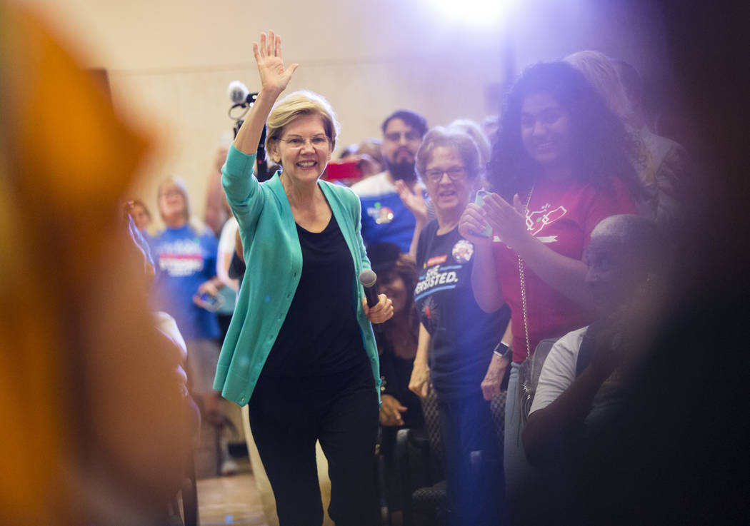Democratic presidential candidate Sen. Elizabeth Warren, D-Mass., is introduced during a campai ...