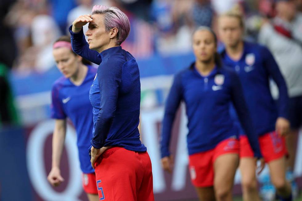 United States' Megan Rapinoe warms up before the Women's World Cup semifinal soccer match betwe ...