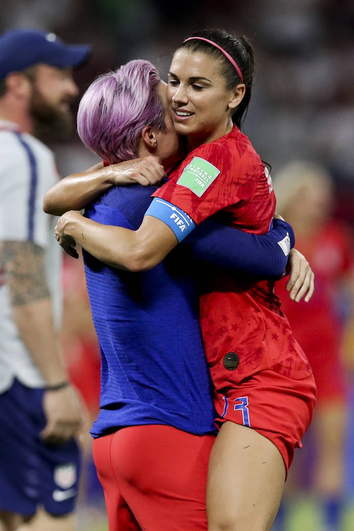 United States' Megan Rapinoe, left, celebrates with teammate Alex Morgan their team's victory a ...