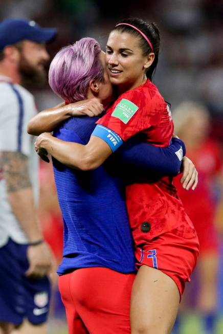 United States' Megan Rapinoe, left, celebrates with teammate Alex Morgan their team's victory a ...