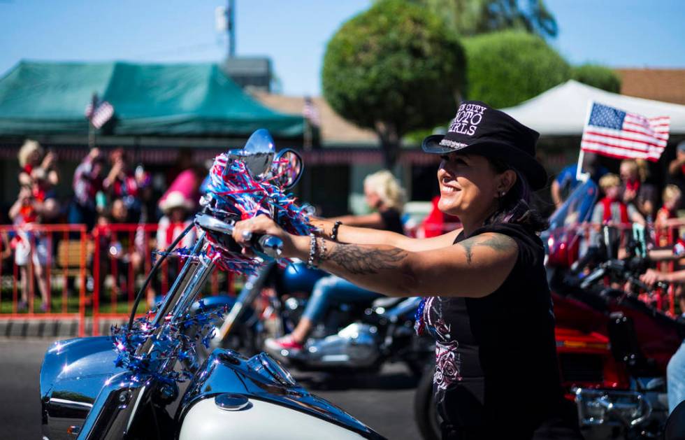 A member of Sin City Moto Girls participates during the parade at the annual Damboree Celebrati ...