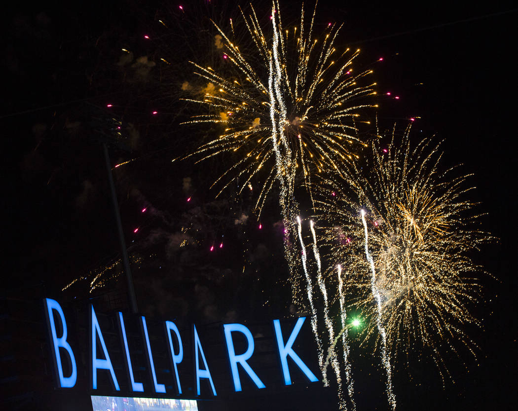 Fireworks go off above Las Vegas Ballpark after the Las Vegas Aviators defeated the Reno Aces 3 ...