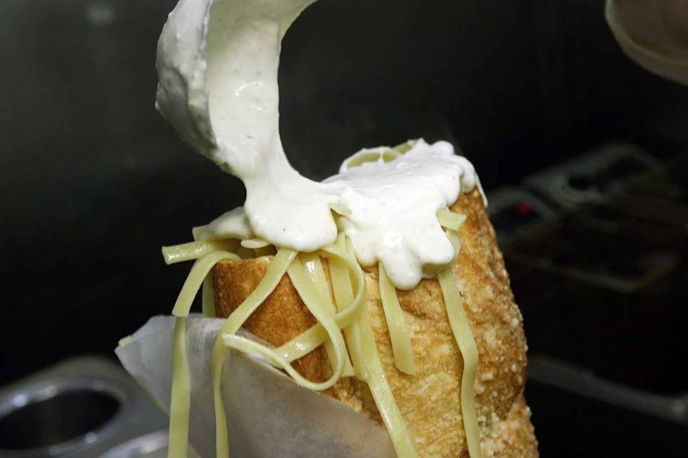 A fettuccine alfredo "Fat Baby" sandwich at Amano Las Vegas. (Mat Luschek/Las Vegas Review-Journal)