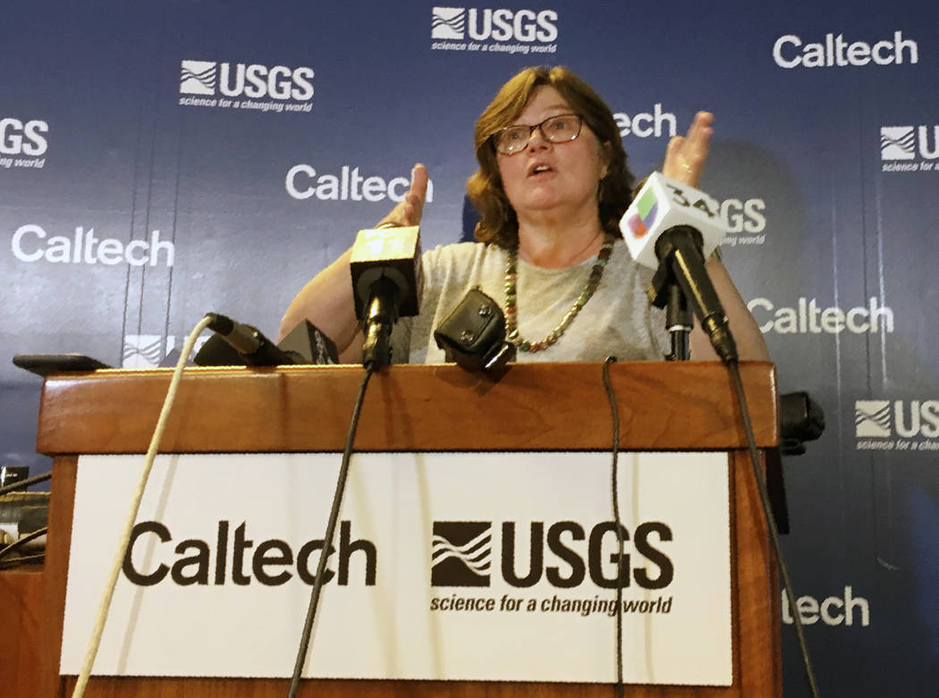 Seismologist Lucy Jones talks during a news conference at the Caltech Seismological Laboratory ...