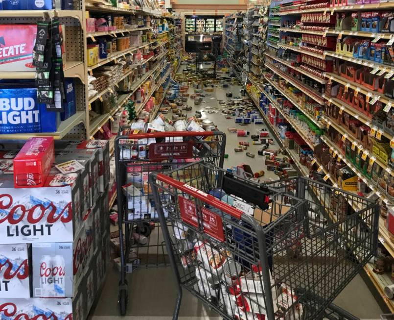 Food fell from shelves at the Stater Bros. in Ridgecrest, Calif., Thursday, July 4, 2019. The s ...