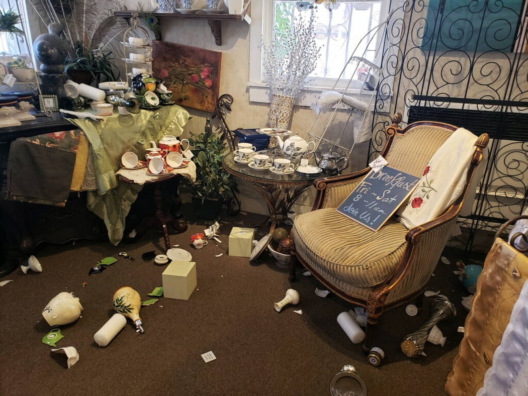 The interior of "My Enchanted Cottage" is seen after an earthquake, Thursday, July 4, 2019, in ...