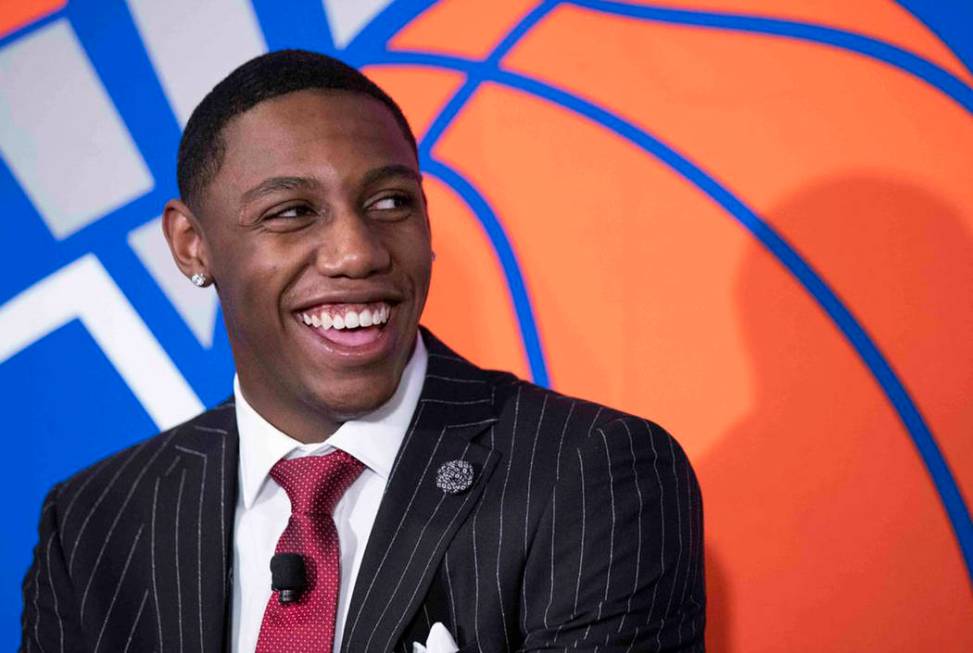 New York Knicks draft pick RJ Barrett speaks to reporters during a news conference, Friday, Jun ...