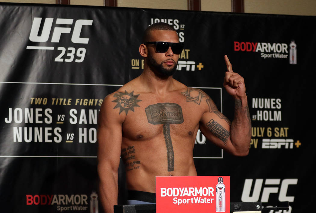 UFC light heavyweight Thiago Santos weighs-in for his UFC 239 title fight against Jon Jones, no ...