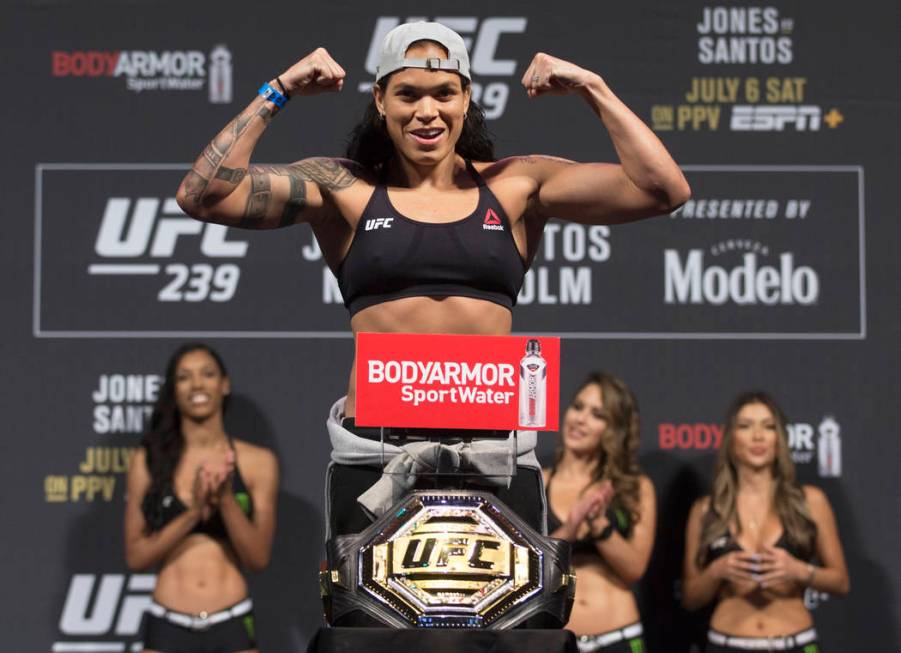 UFC bantamweight champion Amanda Nunes weighs in for UFC 239 on Friday, July 5, 2019, at T-Mobi ...