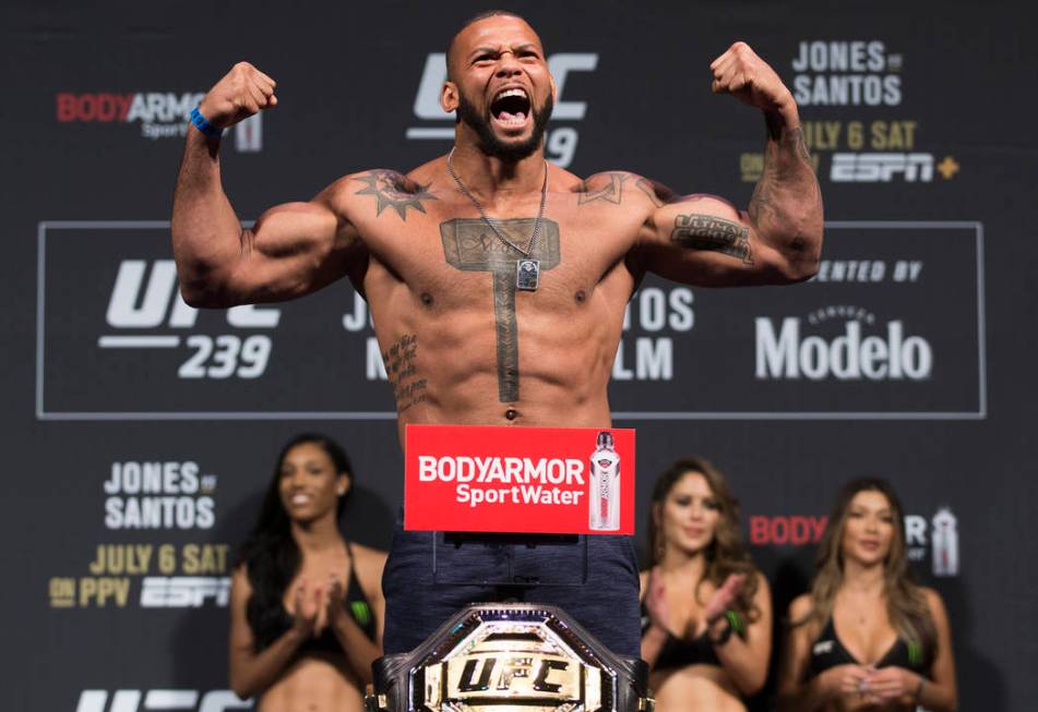 UFC light heavyweight Thiago Santos gets fired up while weighing in for UFC 239 on Friday, July ...