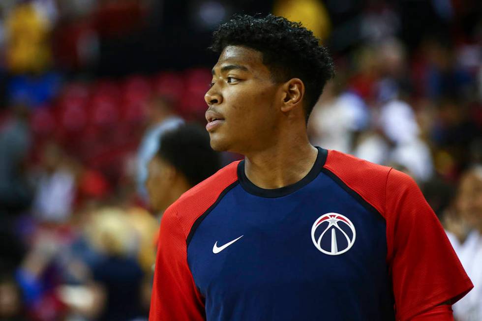 Washington Wizards' Rui Hachimura warms up before playing against the New Orleans Pelicans duri ...