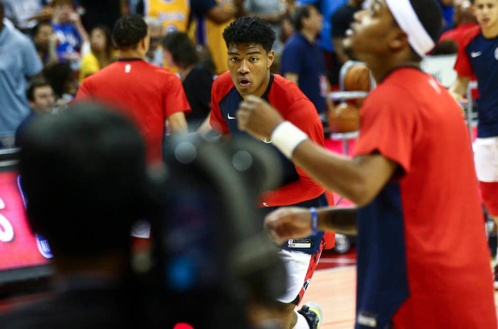 Washington Wizards' Rui Hachimura warms up before playing against the New Orleans Pelicans duri ...