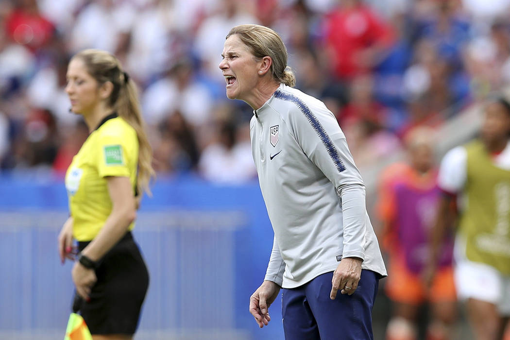 United States coach Jill Ellis shouts instructions during the Women's World Cup final soccer ma ...