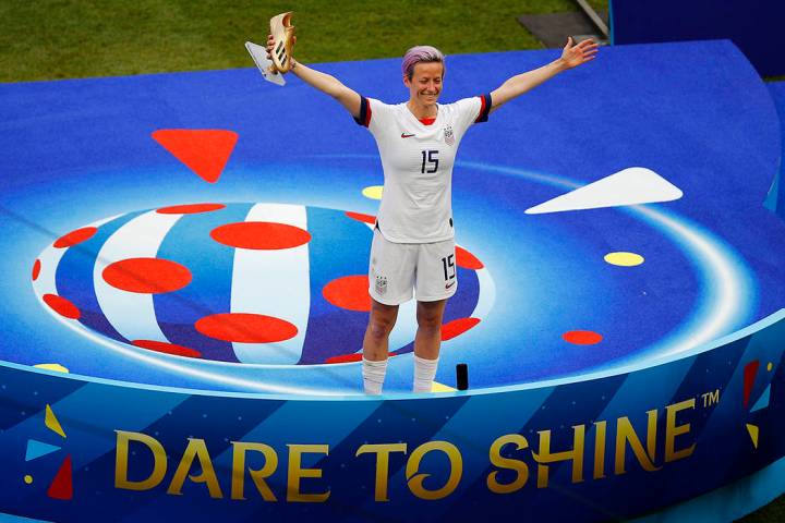 United States' Megan Rapinoe celebrates with the golden soccer shoe after her team won the Wome ...