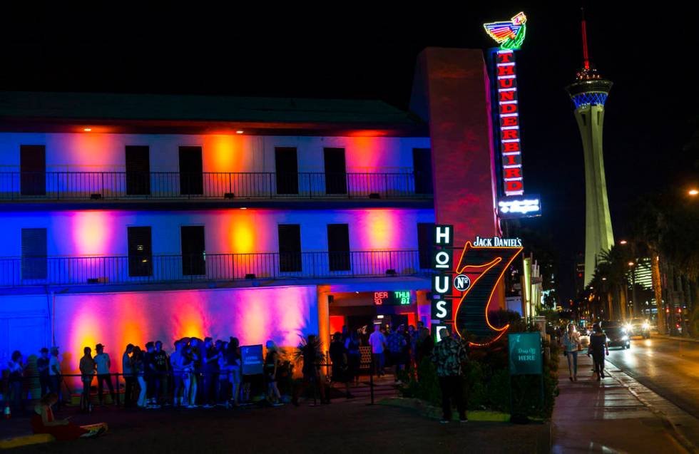 People line up to get into Jack Daniel's House No. 7, a pop-up experience at the Thunderbird Bo ...