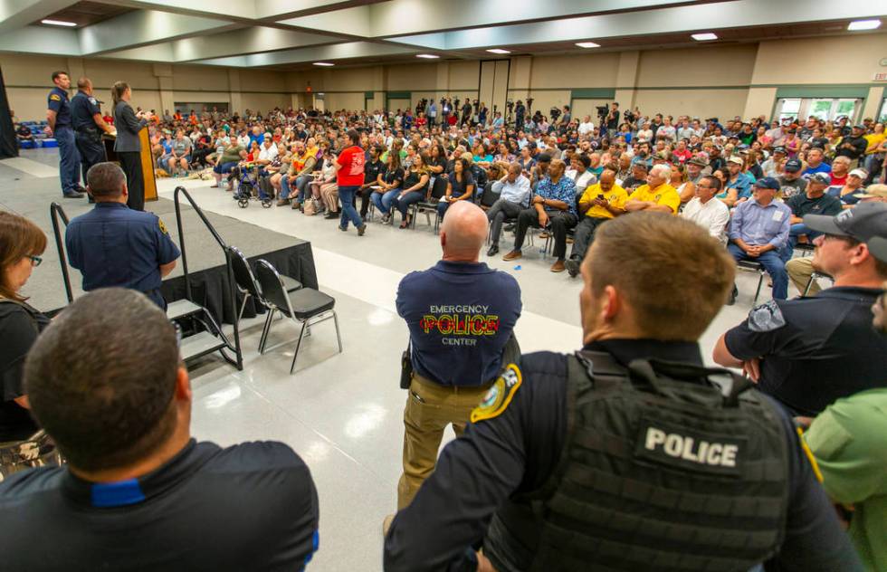 Ridgecrest Police Chief Jed McLaughlin speaks during a packed town hall meeting for area reside ...