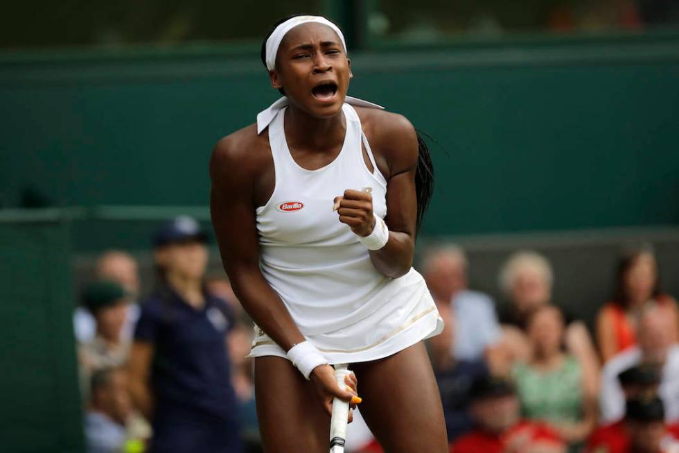 United States' Cori "Coco" Gauff reacts after winning a point against Slovenia's Polo ...