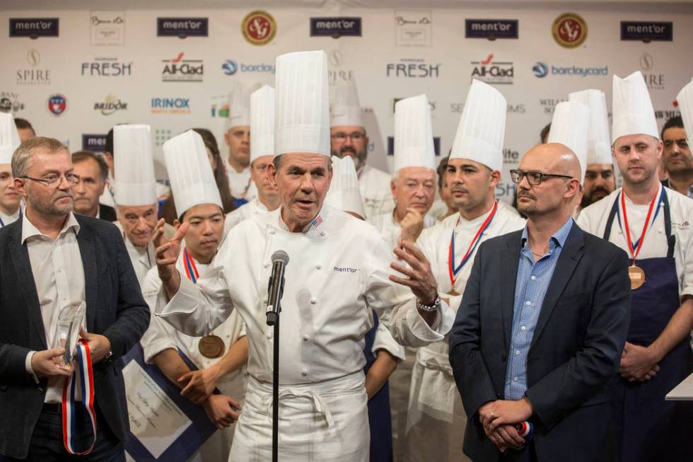 Chef Thomas Keller addresses the crowd before reading the finals results during the Bocuse d'Or ...