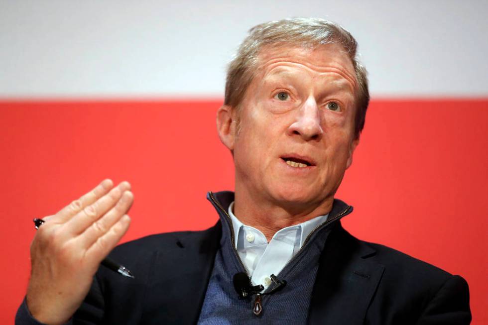 FILE- In this March 16, 2018, file photo political activist Tom Steyer speaks during a "Ne ...