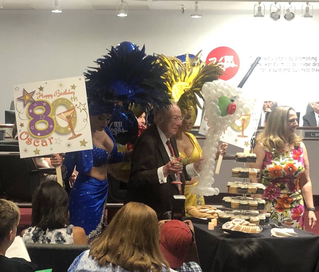 Former Las Vegas Mayor Oscar Goodman is surprised in a celebration of his 80th birthday at the ...
