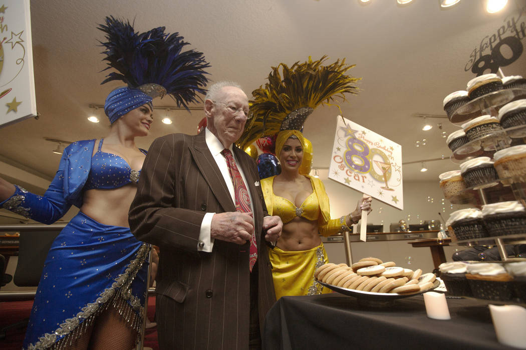 Former Las Vegas Mayor Oscar Goodman celebrates his 80th birthday with showgirls Porsha Revesz, ...