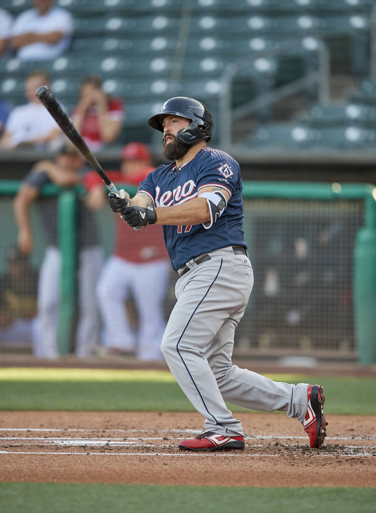 Cody Decker (17) of the Reno Aces bats against the Salt Lake Bees at Smith's Ballpark on June 2 ...
