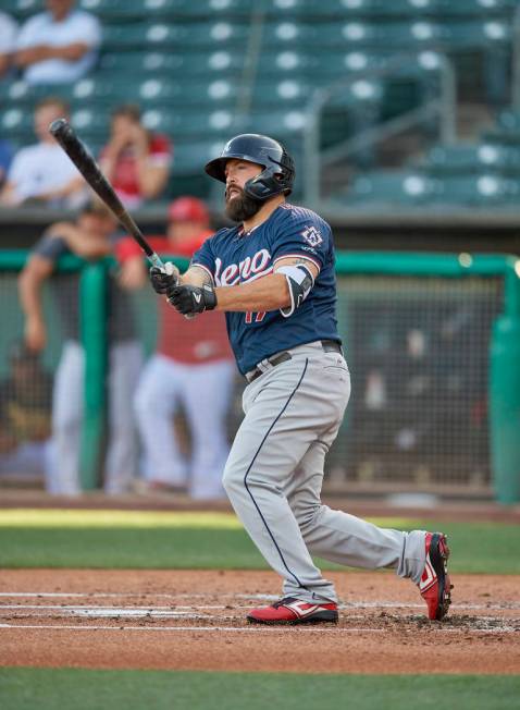 Cody Decker (17) of the Reno Aces bats against the Salt Lake Bees at Smith's Ballpark on June 2 ...