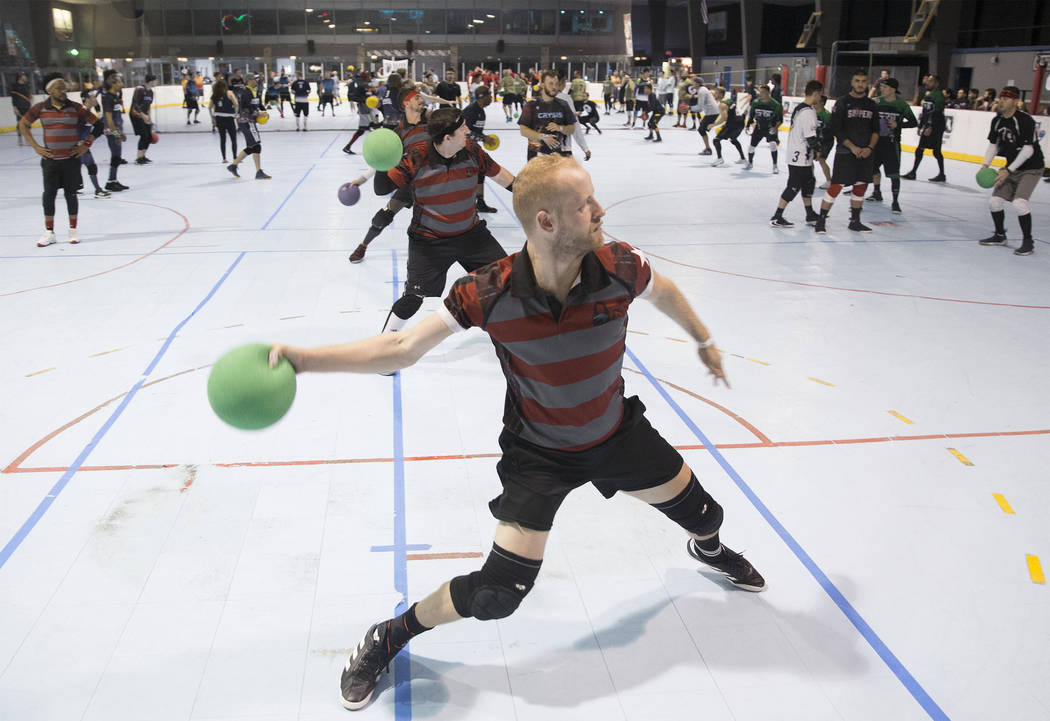 Josh Kadish of team Gridlock attacks during a two-day, five-division dodgeball tournament on Sa ...