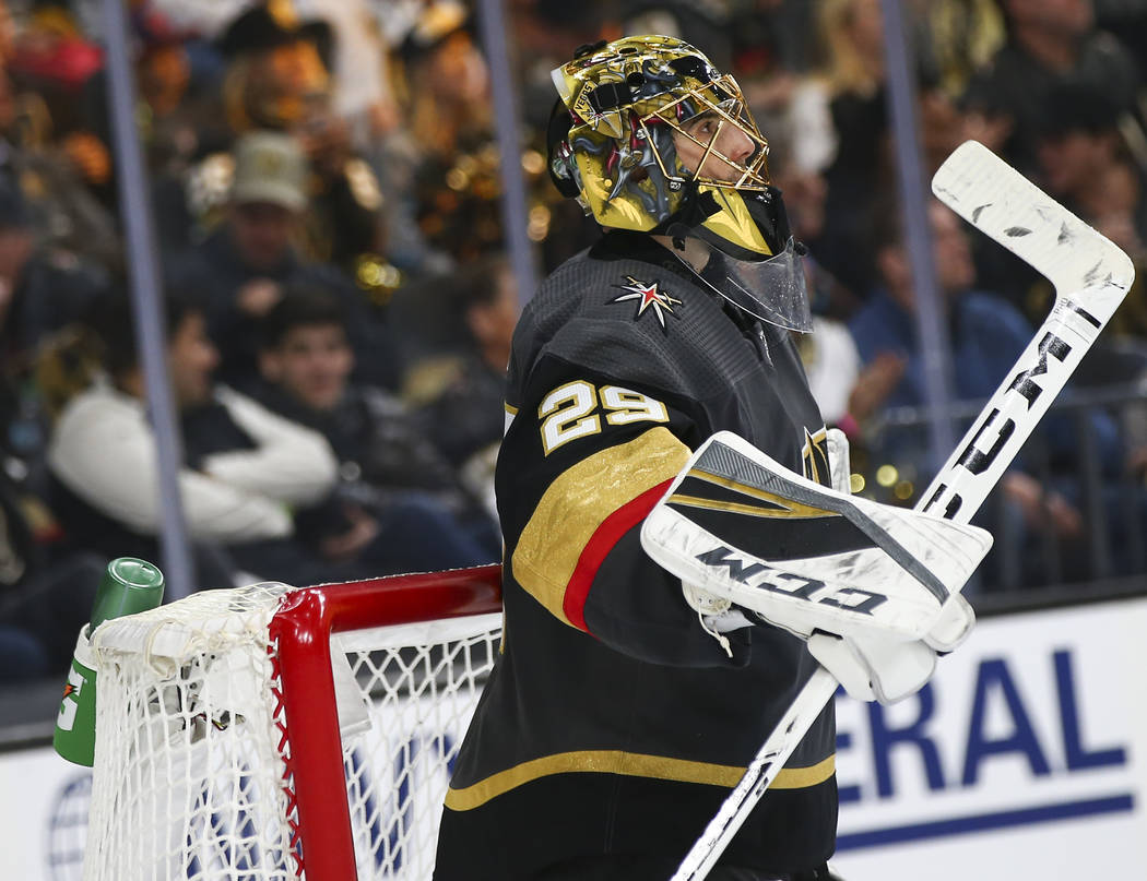 Golden Knights goaltender Marc-Andre Fleury (29) looks on during the second period of Game 4 of ...