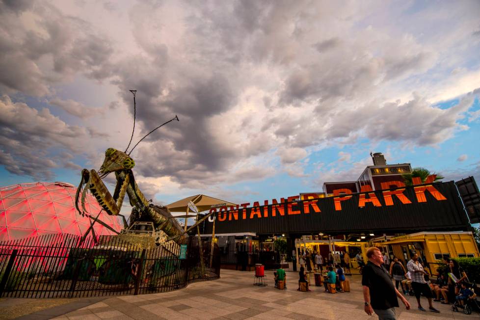 The fire-shooting preying mantis sits out front of Container Park in downtown Las Vegas. (Joshu ...