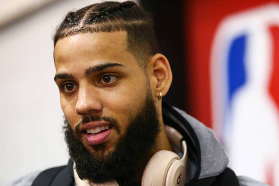 Charlotte Hornets' Cody Martin (11) is interviewed after playing against the Chicago Bulls at t ...