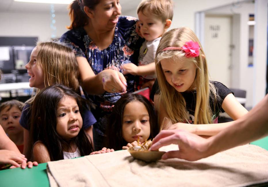 Renata Flores, 5, from left, Lily Venepps, 4, and Briar Lamb, 8, all of Las Vegas, check out a ...