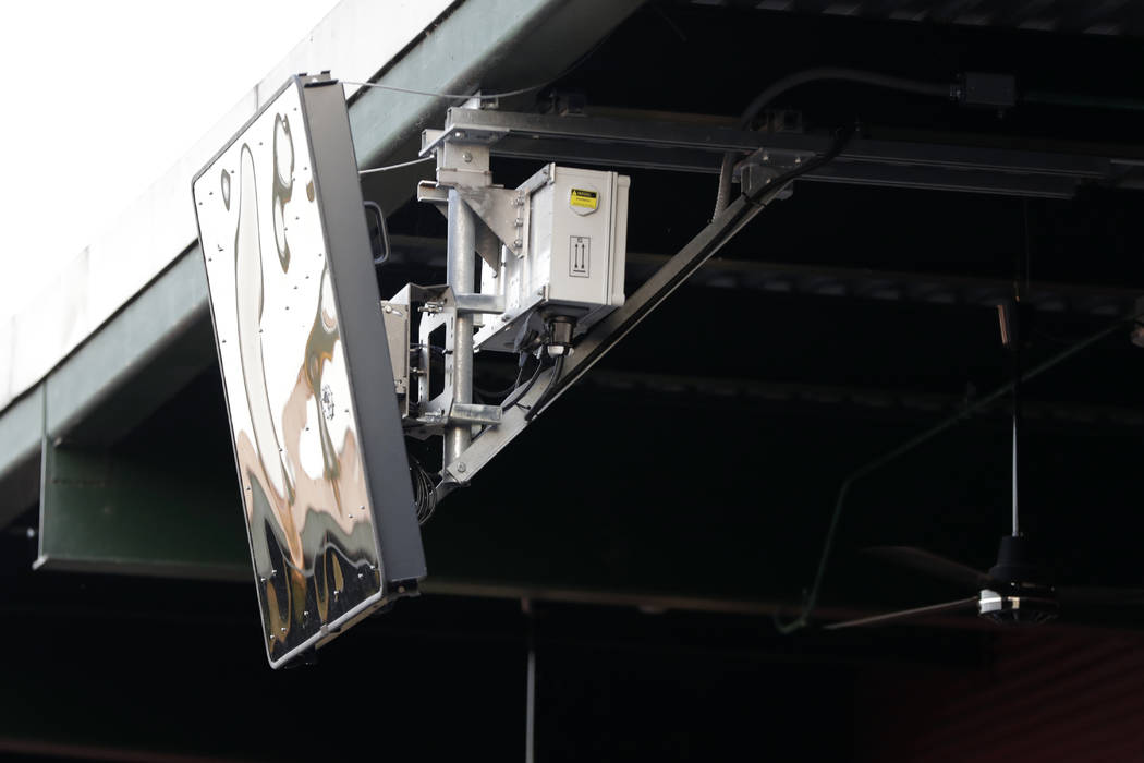 A radar device is seen on the roof behind home plate at PeoplesBank Park during the third innin ...