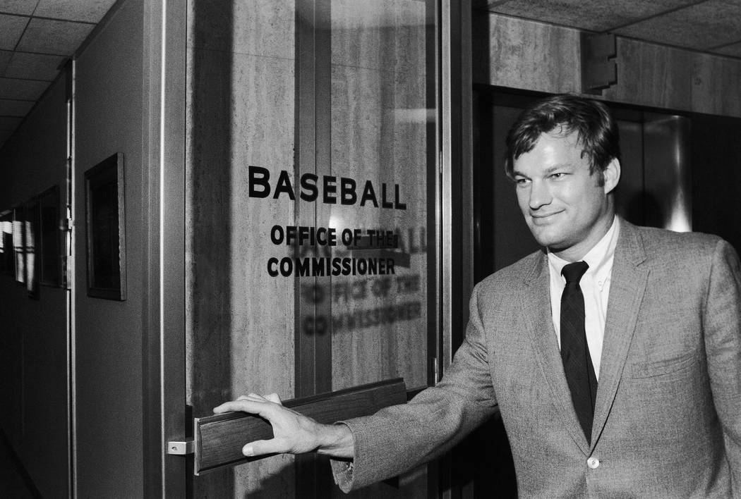 Houston Astros pitcher Jim Bouton Emerges from office of baseball commissioner Bowie Kuhn after ...