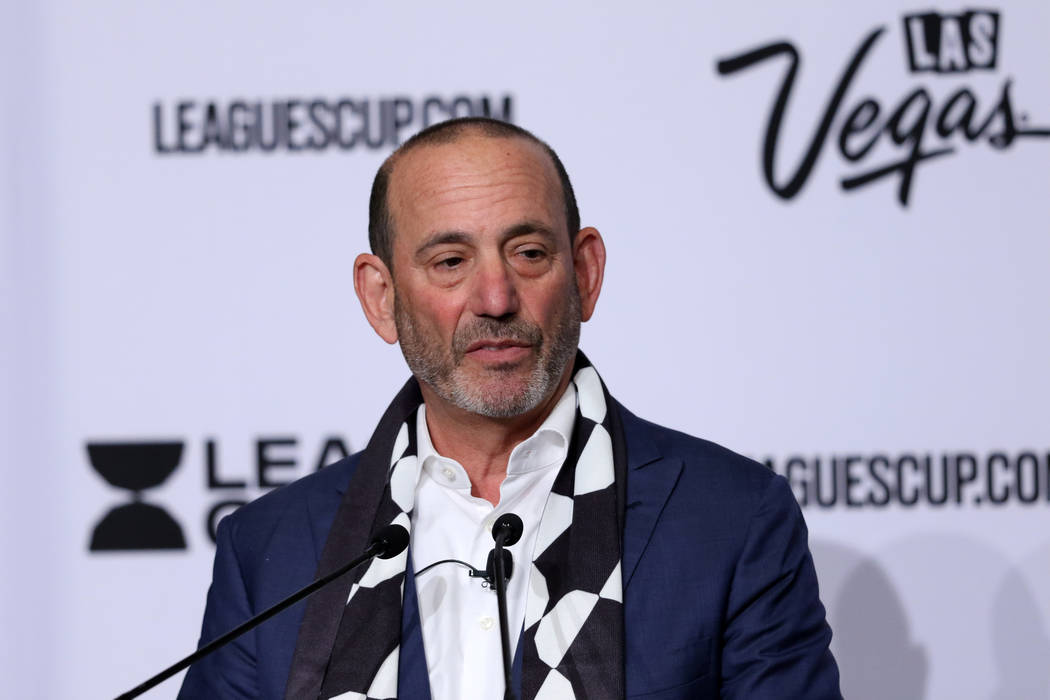 Major League Soccer commissioner Don Garber answers questions from reporters during a press con ...