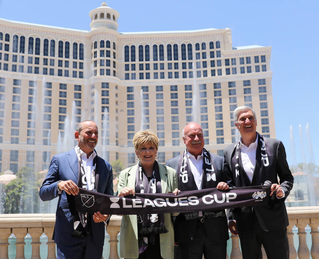 Major League Soccer Commissioner Don Garber,, from left, Las Vegas Mayor Carolyn Goodman, Liga ...