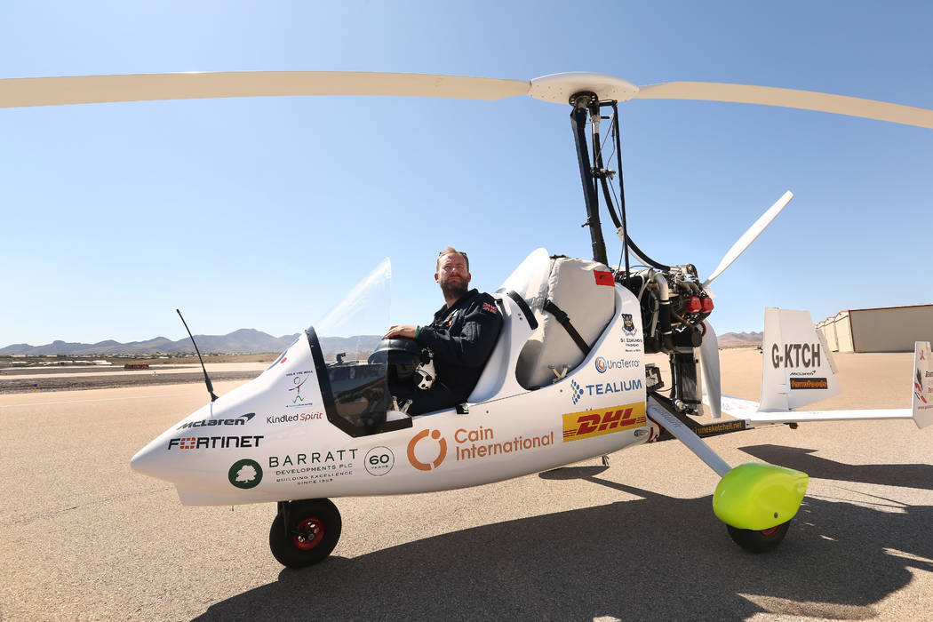 James Ketchell shows off his gyrocopter at Henderson Executive Airport on July 11, 2019 in Hend ...