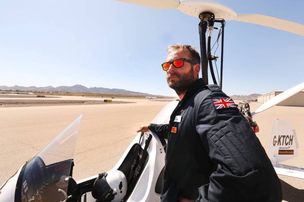 James Ketchell shows off his gyrocopter at Henderson Executive Airport on July 11, 2019 in Hend ...