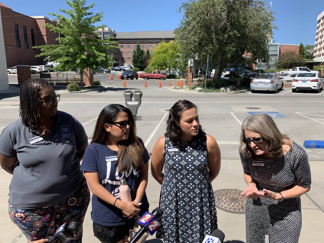 At right, Shannon Ellis, UNR vice president of student services, speaks to reporters about the ...
