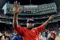 FILE - In this Oct. 10, 2016, file photo, Boston Red Sox's David Ortiz waves from the field at ...