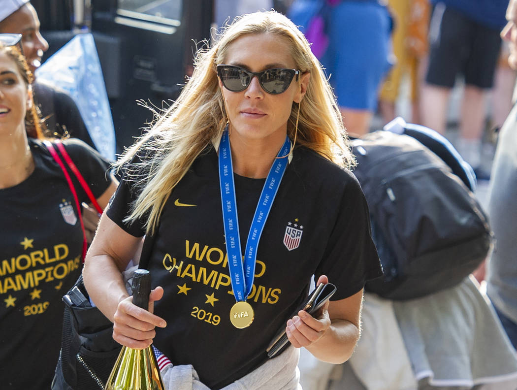 In this July 8, 2019 file photo, United States women's soccer team member Allie Long walks to a ...