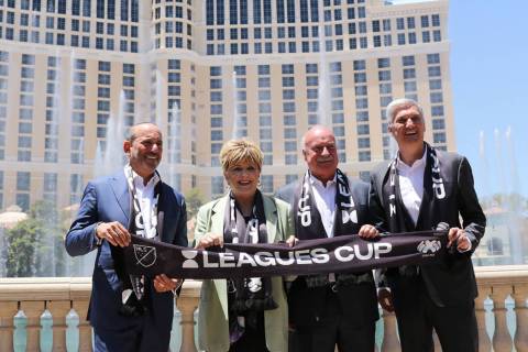 From left, Major League Soccer Commissioner Don Garber, Las Vegas Mayor Carolyn Goodman, Liga M ...