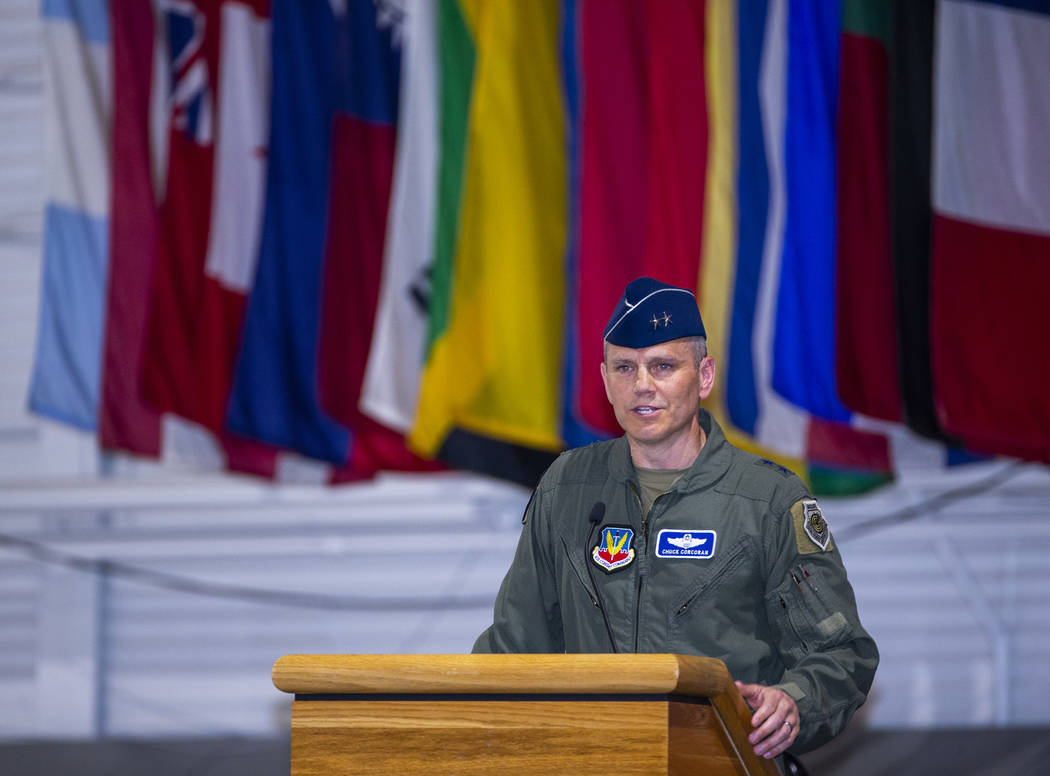 Maj. Gen. Charles Corcoran speaks during an Assumption of Command Ceremony as he assumes comman ...