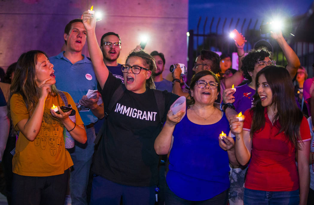 (From left) Family members Angela Luna, Karla Luna, Angela Galindo and Evasara Luna yell out pr ...