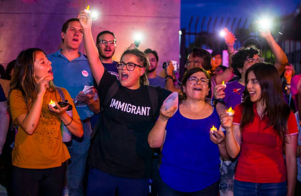 (From left) Family members Angela Luna, Karla Luna, Angela Galindo and Evasara Luna yell out pr ...